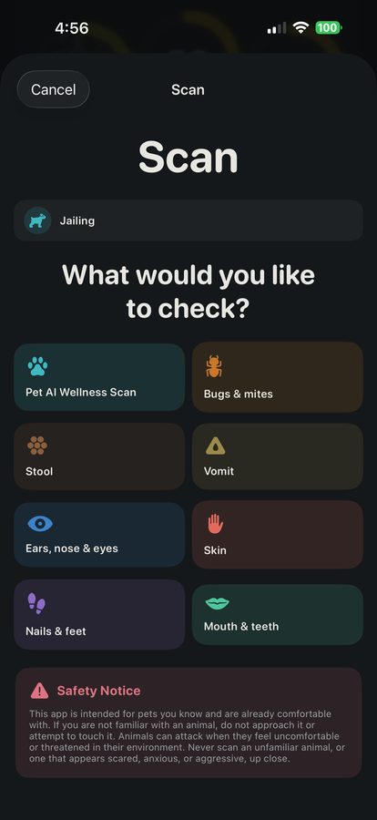 Scan category picker with 8 scan types